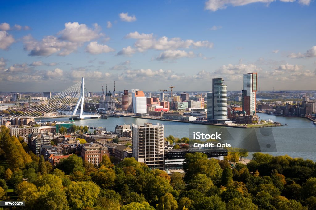 Aerial view of the Rotterdam skyline Aerial view of the Rotterdam skyline with clouds Rotterdam Stock Photo