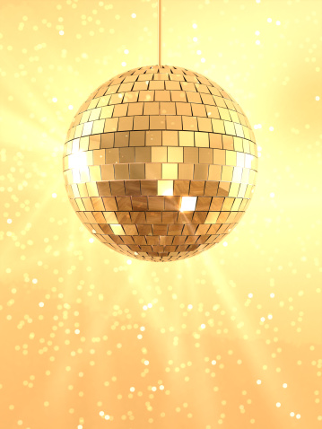 A mirror ball sparkling on a golden background. Very high resolution 3D render.
