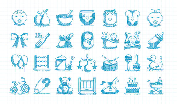 детский рисованный вектор doodle line icon set - baby1 stock illustrations