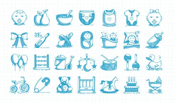 Vector illustration of Baby Hand Drawn Vector Doodle Line Icon Set