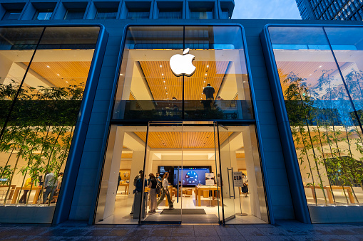 Tokyo, Japan - June 30, 2023 : People at the Apple Store Marunouchi in Tokyo, Japan.