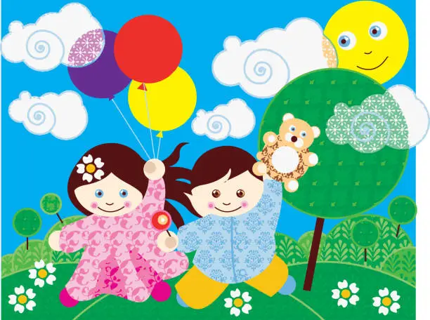 Vector illustration of A little girl and a little boy are laughing merrily in the nature. Balloons, clouds, sun, birds, flowers, trees and a teddy bear in his hands...