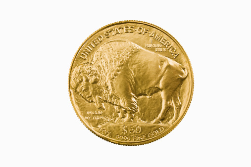 American Buffalo, also known as Gold Buffalo, 24-karat pure gold bullion investment coin.  Issued by U.S. Mint, in $50.00 denomination.