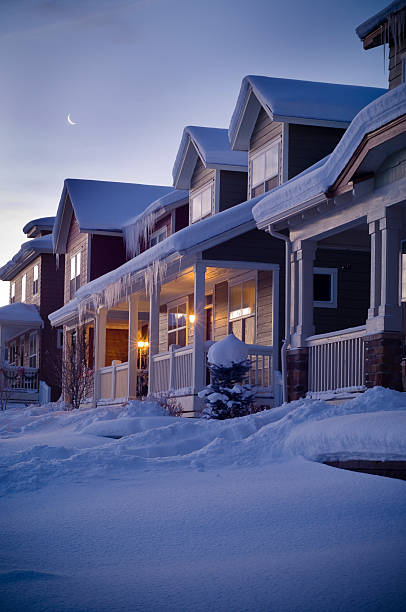 A green track house in winter at night with copy-space.