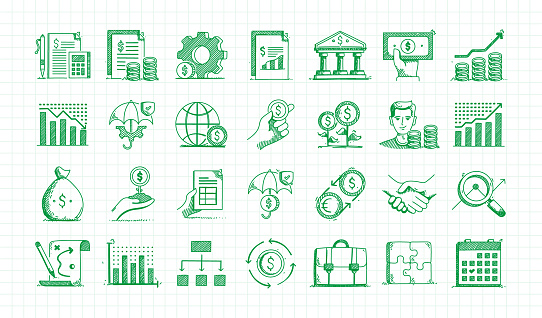 Business and Finance Hand Drawn Vector Doodle Line Icon Set