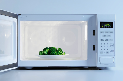 Plate of broccoli in a microwave. Other picture...