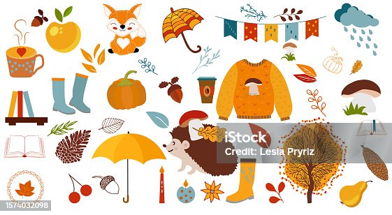 istock A large set of stylized autumn elements for your design: animals, clothes, fruits, leaves, nature, decor, acorns 1574032098