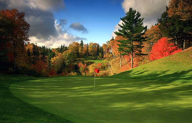 Stunning Golf Course in Canada in the Fall A beautiful golf course in fall. Location is Nova Scotia, Canada. A blazing red maple tree and exceptional turf conditions highlight the scene. Golf in Nova Scotia is very important industry as a number of prominent new courses have been built in the past decade. Courses are rolling and well treed and make for a relaxing and enjoyable golf experience through nature. Nobody is in this image.  golf course stock pictures, royalty-free photos & images