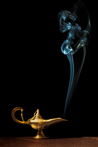 Old style oil lamp with smoke coming out, Aladdin magic genie lamp. Canon 5D Mark II.
