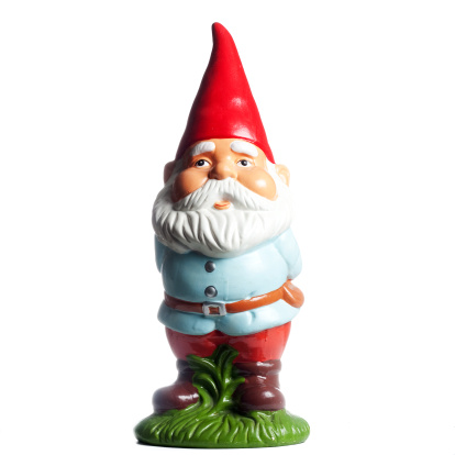 A squared full view of a cute and proud garden gnome, with a red cone hat and a white beard, isolated on white. Ideal for conveying any luck / gardening related concept.