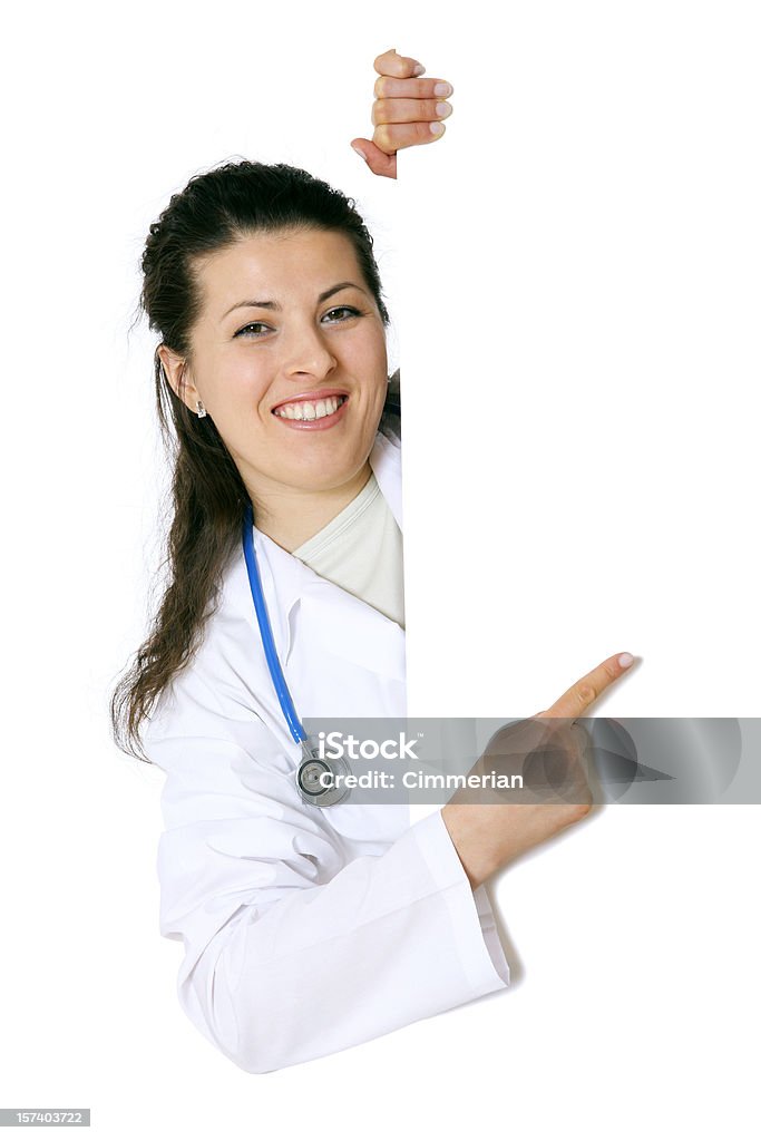 Mujer médico sostiene un cartel en blanco (en blanco - Foto de stock de Adulto libre de derechos