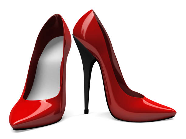 3 d rote high heels schuhe-vorder- und seitenansicht - stiletto stock-fotos und bilder