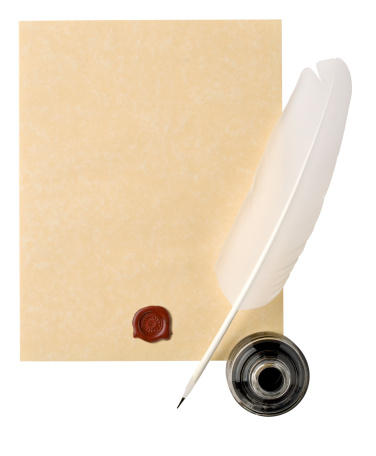 Parchment Paper with white feather writing quill, inkwell and wax seal on White Background with Clipping Path. Nice image for a period piece... Letter, Document, Map, Background