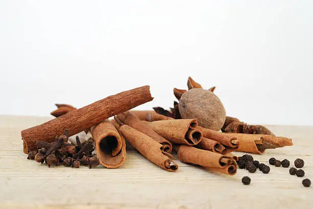 A loose pile of cinnamon sticks, whole cloves, cardamon, black pepper corns, whole nutmeg, and star anise on wood, with a white background.  Warm tones of brown and orange.