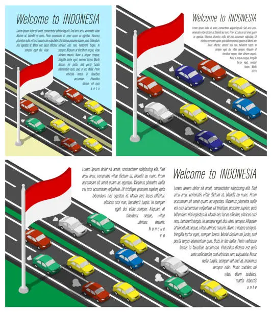 Vector illustration of Isometric flag of Indonesia on flagpole fluttering wind. Crossing of Indonesian country border by car travels. Set of information horizontal, square and vertical vector banner, templates for printing