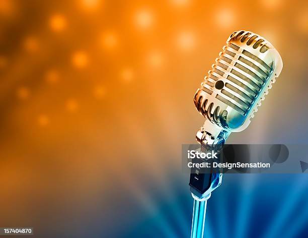 Retro Microphone In Front Of Brightly Lit Stage Stock Photo - Download Image Now - Microphone, Stage - Performance Space, Retro Style