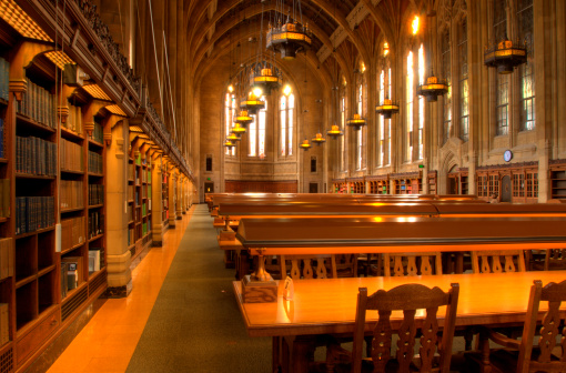 New York Public Library, USA - September 18, 2023.  A panorama interior of students reading and researching subjects in the historic Rose Main Reading Room at The New York Public Library during a library tour