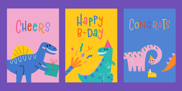 Greeting cards for birthday, kids events. Smiling dinosaurs compositions. Set of templates with hand written lettering, happy b-day Greeting cards for birthday, kids events. Smiling dinosaurs compositions. Set of templates with hand written lettering, happy b-day, cheers, congrats. Vector arrangements with tyrannosaurus dinosaur birthday stock illustrations