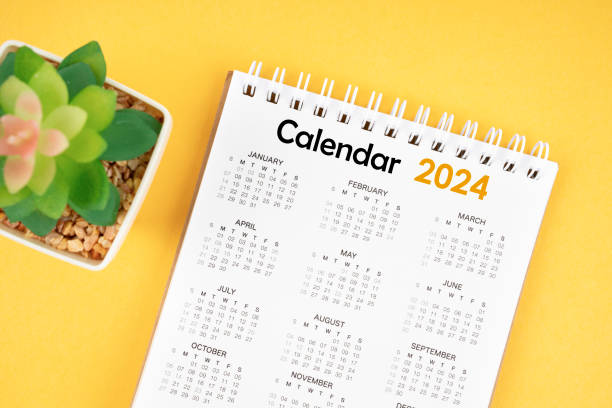 The 12 months desk calendar 2024 on yellow background. 12 months desk calendar 2024 on yellow background. nature calendar stock pictures, royalty-free photos & images