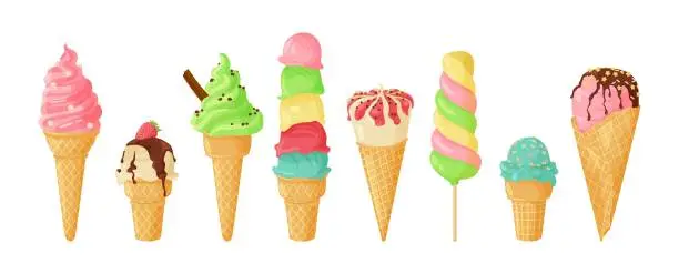 Vector illustration of A set of ice cream in a cone, waffle cone and on a stick. Vector illustration