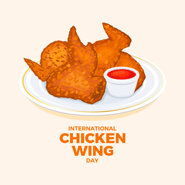 International Chicken Wing Day vector illustration Fried chicken wings with red dipping sauce icon vector. Crispy chicken wings on a plate drawing. July 1 each year. Important day fried chicken stock illustrations