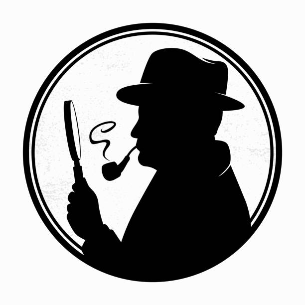 Retro syle detective silhouette Retro syle detective silhouette in a circle with grunge element. pipe silhouettes stock illustrations