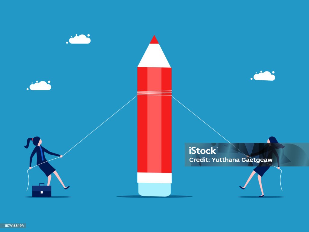 Competing Pulls Compete For Development Two Businesswomen Compete To Pull A Pencil ...