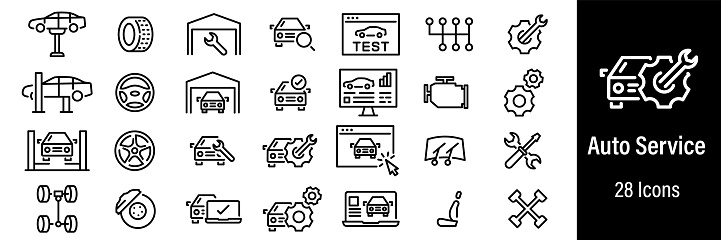 Auto Service Web Icons. Garage, Engine, Diagnostic, Repair. Vector in Line Style Icons