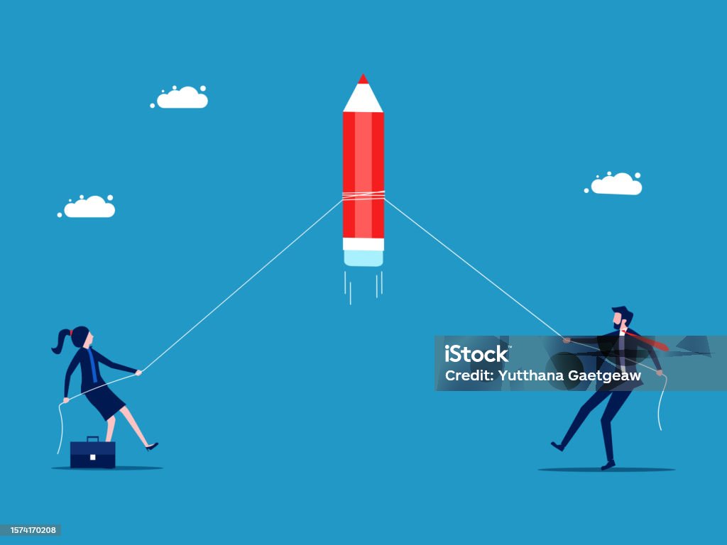 Competing Pulls Compete For Development Businessmen And Women Compete To Pull A Pencil ...
