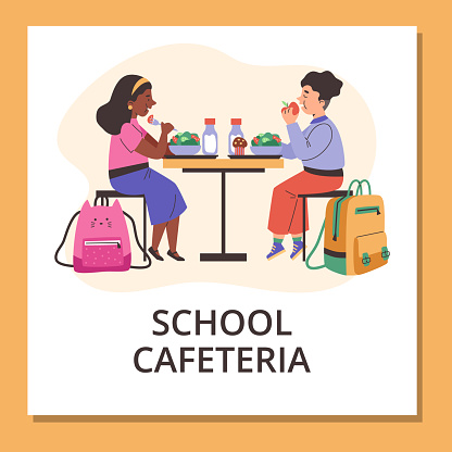 Vector poster with cute boy and girl are sitting at the table eating salad, apple, cake and milk. Cartoon illustration in orange frame. Children having break time for lunch in school cafeteria, canteen