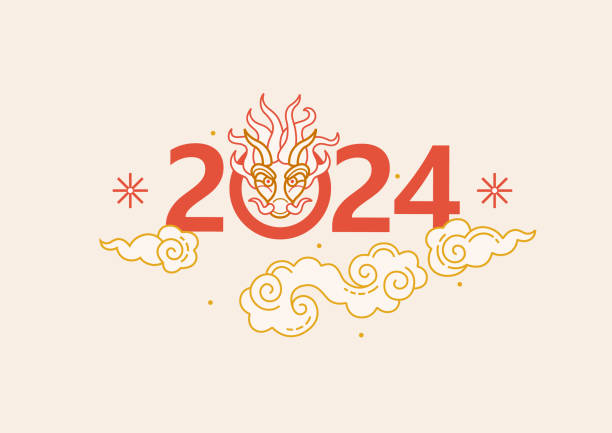Vector banner, poster, card, logo element, line art illustration of the Dragon Zodiac sign, Symbol of 2024 in the Chinese Lunar calendar, isolated. Wood Dragon, Chine Calendar. Light vector banner, poster, card, logo element, line art illustration of the Dragon Zodiac sign, Symbol of 2024 in the Chinese Lunar calendar, isolated. Wood Dragon, Chine Calendar. lunar new year 2024 stock illustrations