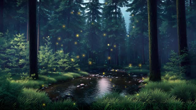 Magic fairy lights over forest river at misty dusk