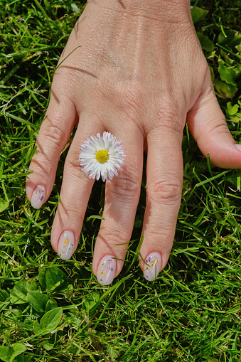 Hand of a woman with a manicure and flower. The nails are covered with gel polish and flowers. Care for sensuality female hands.