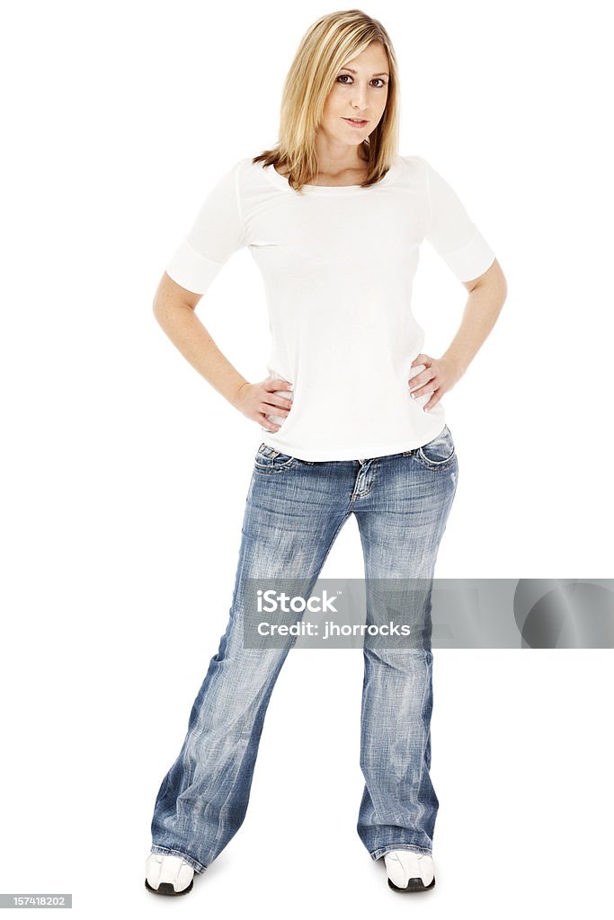Blonde femme en T-shirt blanc et un jean - Photo de Femmes libre de droits