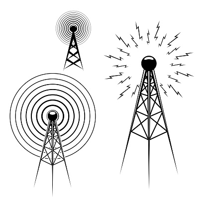 Set of Radio tower icons. Design elements for label, emblem, sign. Vector illustration.