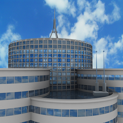 Dusseldorf, Germany - July 16th, 2022: High skyscraper Dreischeibenhaus from Thyssenkrupp in Düsseldorf as tall building in summer as contemporary architecture and clean glass facade blue sky clouds