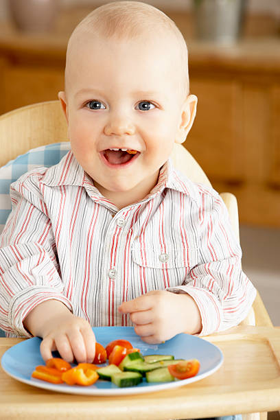 Toddler Enjoying Snack Sitting In High Chair stock photo