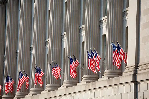 Photo of US flag decorations between columns for Obama's swearing in
