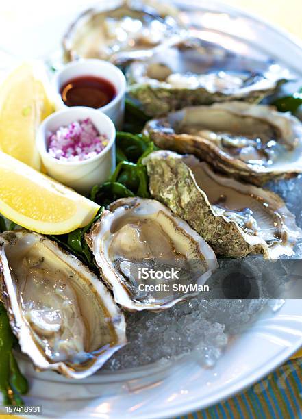 Świeże Ostrygi W Lodzie - zdjęcia stockowe i więcej obrazów Cytryna - Cytryna, Fotografika, Gourmet