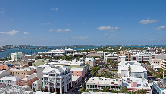 A view of Hamilton, Bermuda, towards the City Hall and Art Centre from the bell tower of the Cathedral.