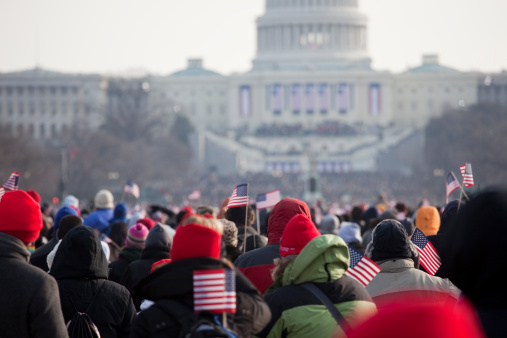 The inauguration of President Barack Obama, January 20th 2009.  Unrecognizable crowds in the Washington Mall.    