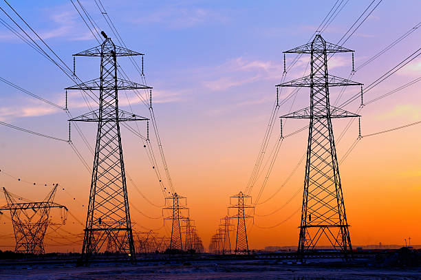 pylon in colored sky stock photo