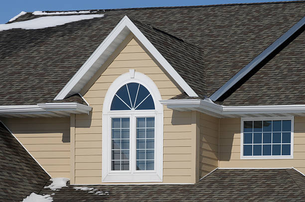 дом с nice gabled асфальт shingle крыше и снег - siding house plastic roof стоковые фото и изображения
