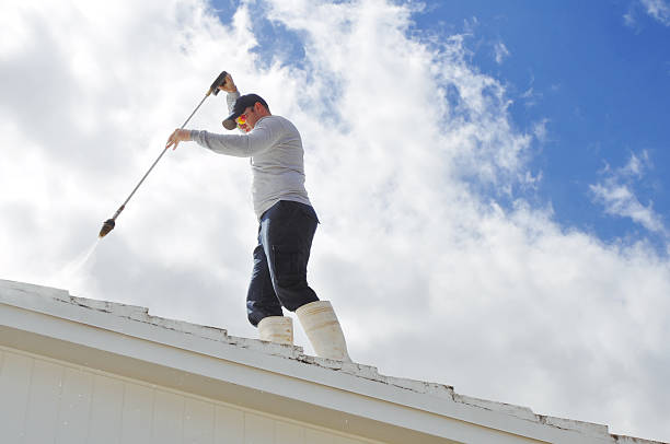 Day laborer pressure cleaning a roof stock photo