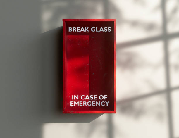 Break In Case Of Emergency Red Box An empty red emergency box with an in case of emergency breakable glass on the front mounted on a wall - 3D render emergency break glass box stock pictures, royalty-free photos & images