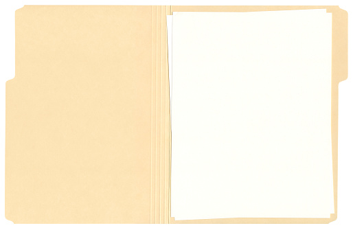 Blank papers in an open manila folder isolated on a white background. Clipping path included.