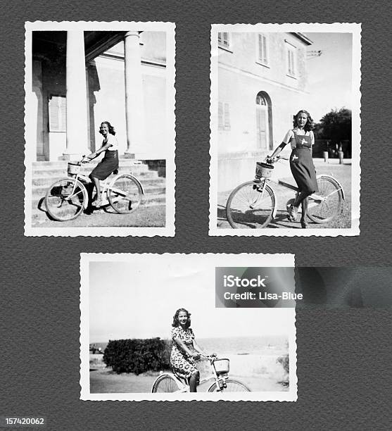 Foto de Jovem Mulher Com Bicicleta e mais fotos de stock de Mulheres - Mulheres, Fora De Moda - Estilo, Álbum de Fotografia