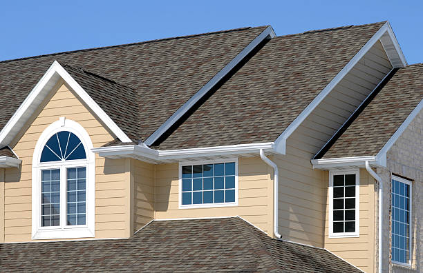 New Residential House; Architectural Asphalt Shingle Roof, Vinyl Siding, Gables  wood shingle photos stock pictures, royalty-free photos & images