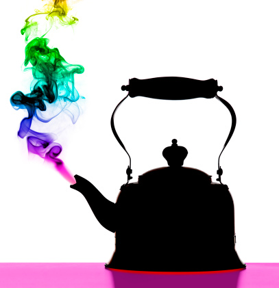 Antique tea pot silhouetted on a solid white background with crazy-colorful steam! 