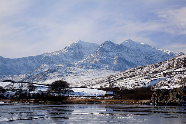 Mount Snowdon in Winter from Capel Curig  snowdonia stock pictures, royalty-free photos & images